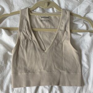 Garage Ribbed V-Neck Cropped Tank Top - Beige